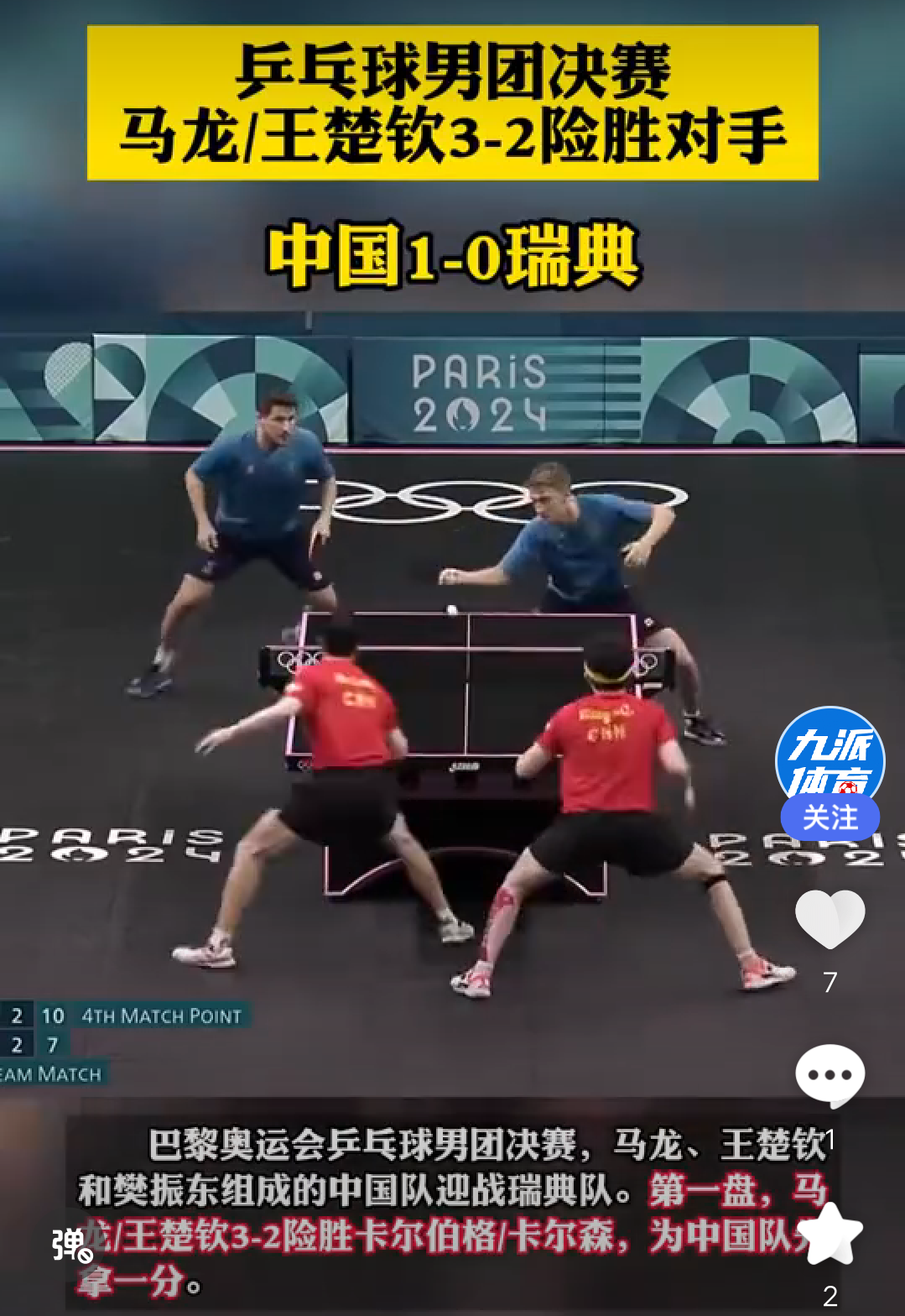 韩国队轻取瑞典队,马龙扛起全队 韩国队轻取瑞典队,马龙扛起全队